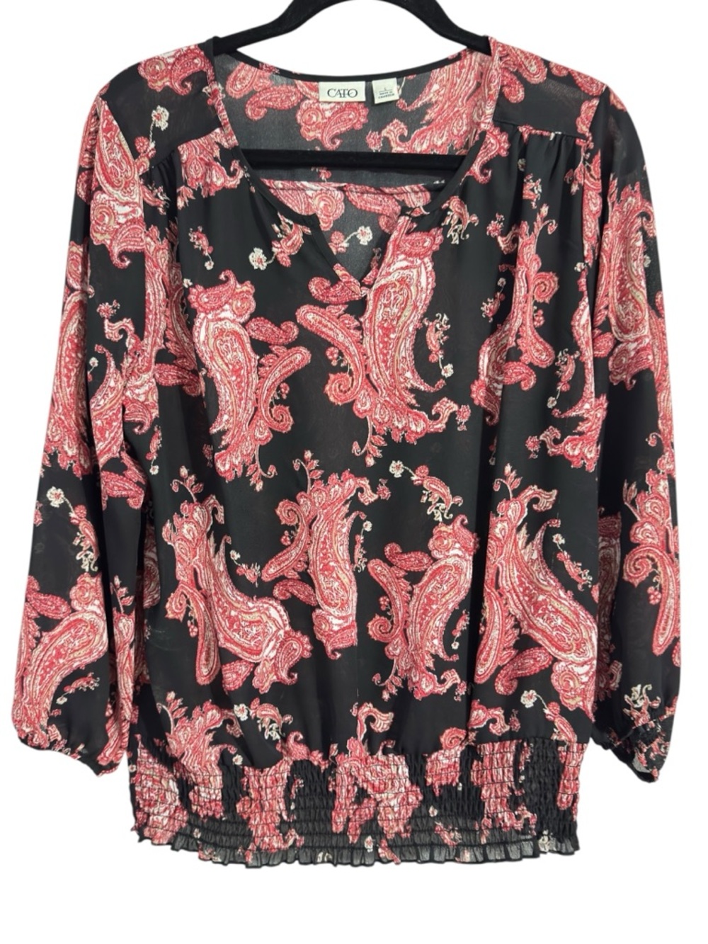 Cato Womens Large Black Red Paisley Blouse 3/4 Sleeve Smocked Hem Boho Top - Picture 2 of 12